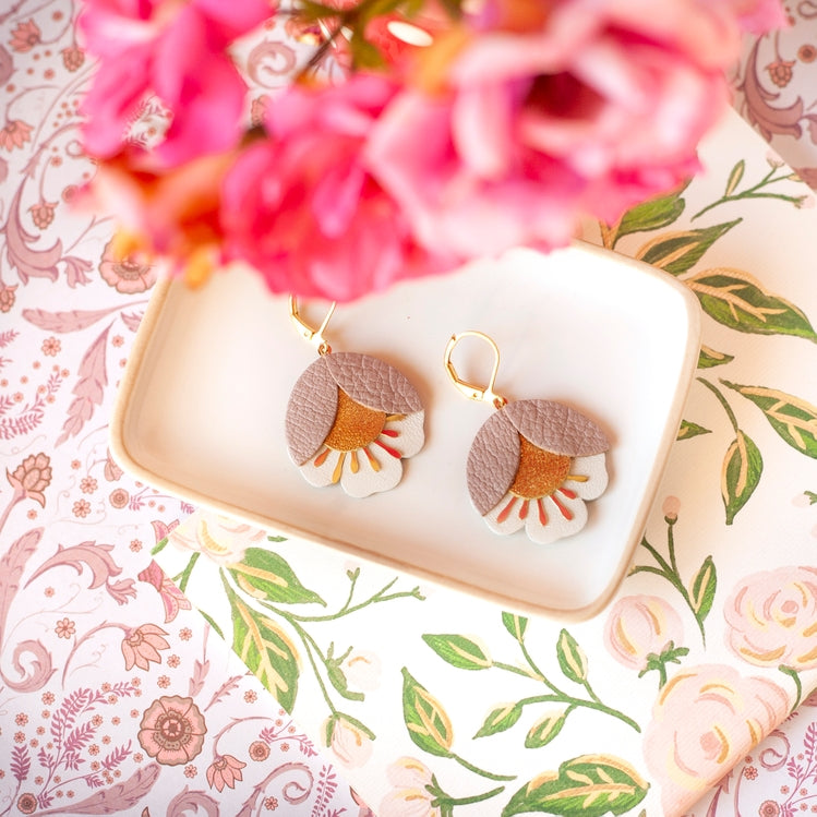 Cherry Flower Earrings – Old Rose, Gold and White Leather
