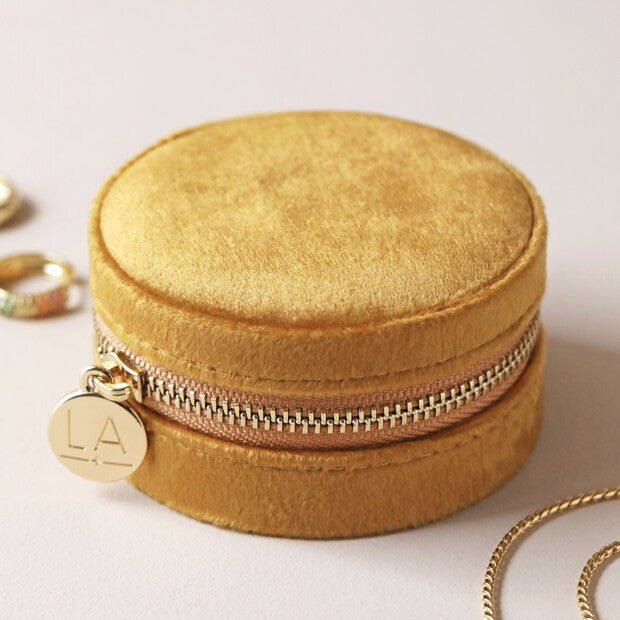 Mustard Velvet Round Travel Jewelry Case
