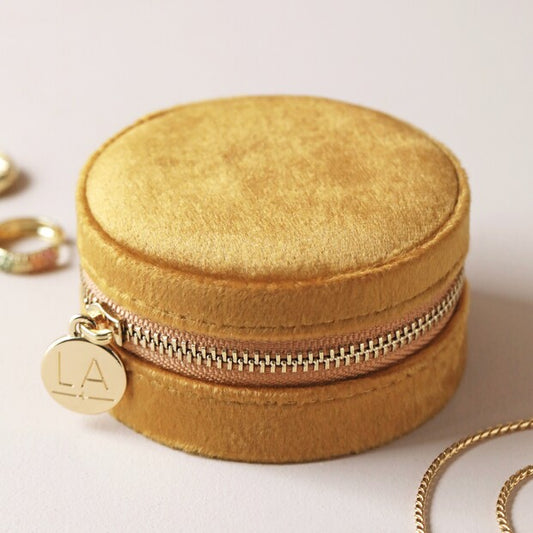 Mustard Velvet Round Travel Jewelry Case