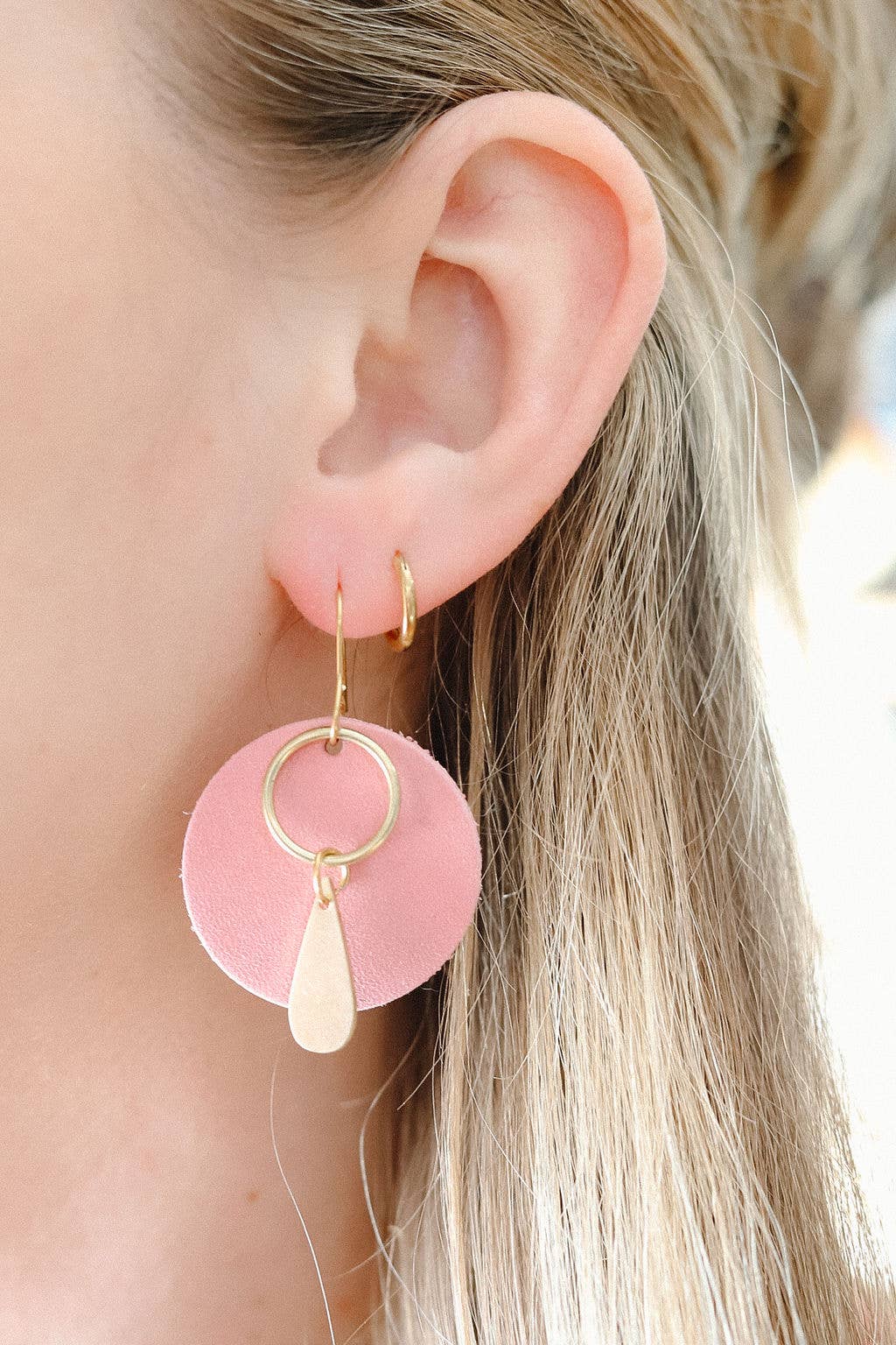 Leather & Brass Circle Drop Earrings
