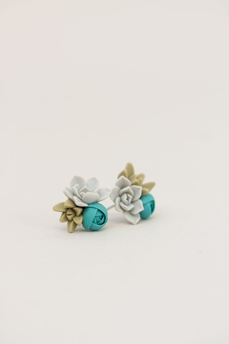 Handmade Succulent and Floral Bouquet Earrings - Blue