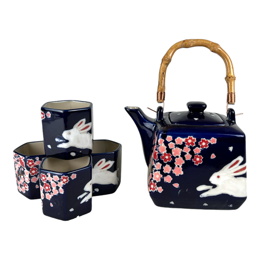 Sakura Cherry Blossoms Rabbit Tea Set 20oz Tea Pot with 4 Hexagon Cups