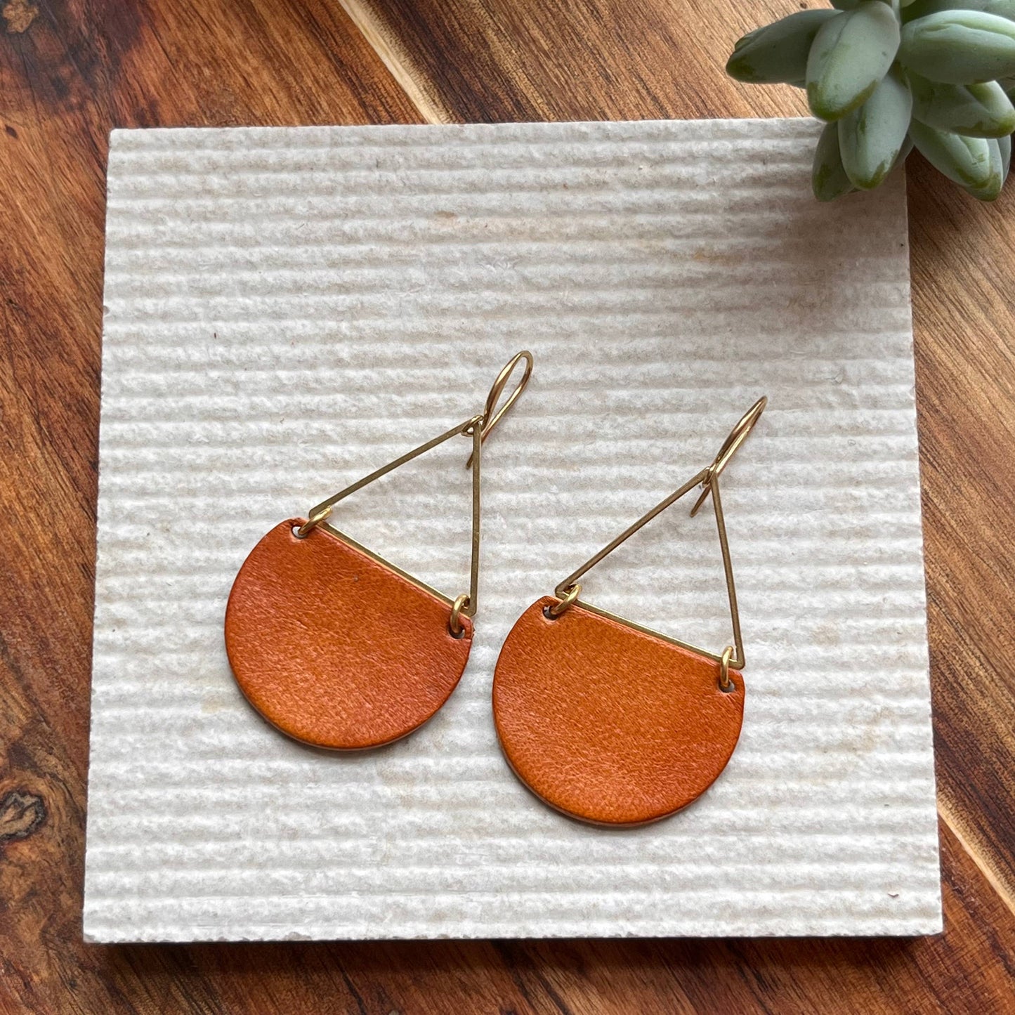 Hand Dyed Leather and Brass Triangle Earring