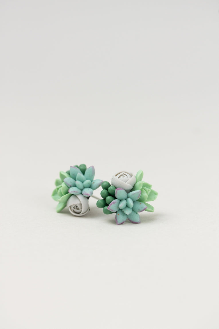 Handmade Succulent and Floral Bouquet Earrings - Blue