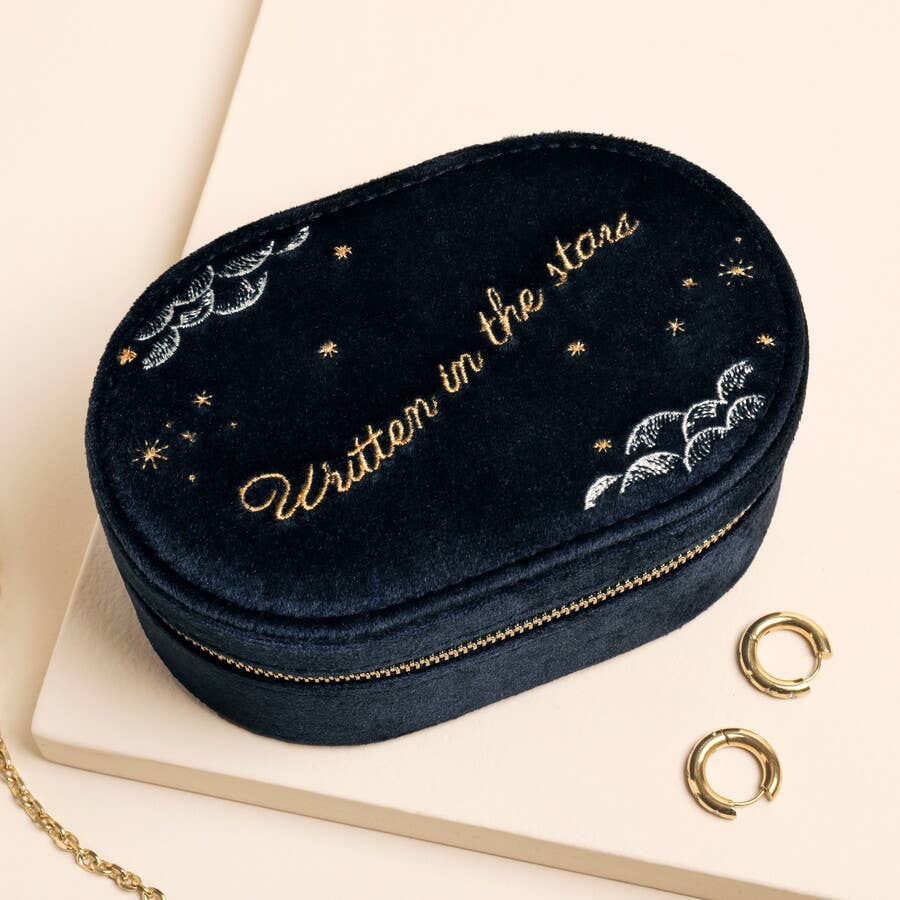 Navy Written In The Stars Velvet Oval Jewellery Case