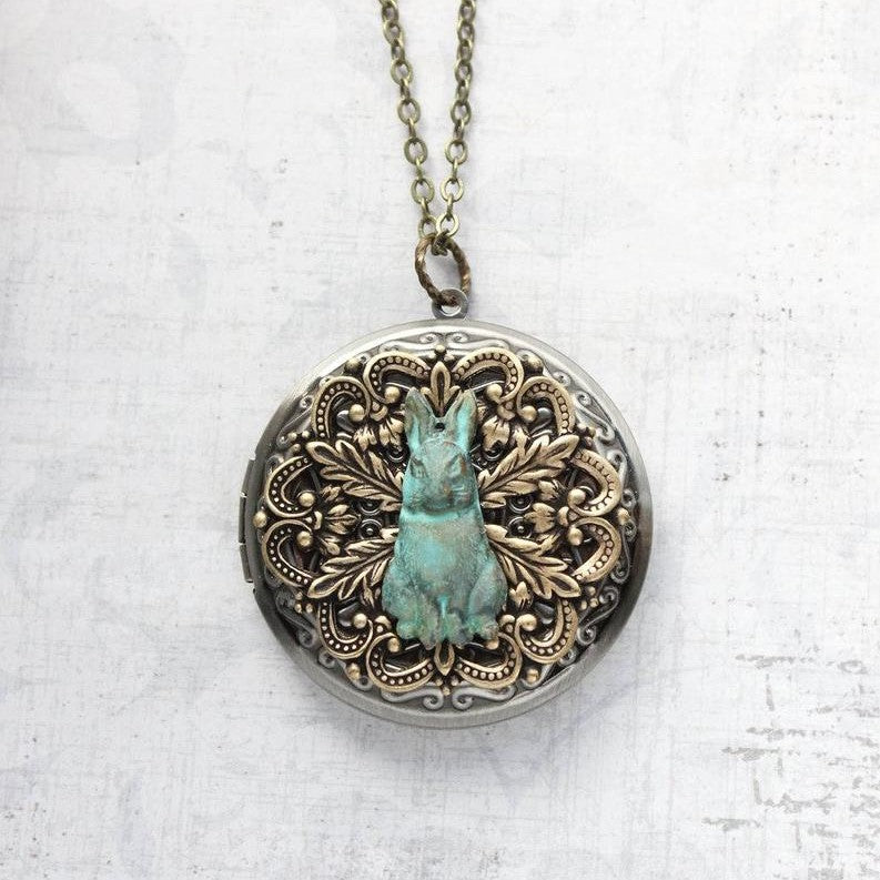 Rustic Verdigris Rabbit Locket - Vintage Style