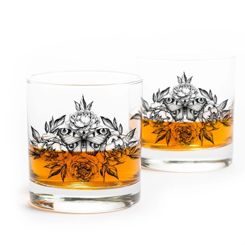 Butterfly and Flowers Whiskey Glasses