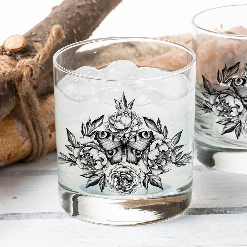 Butterfly and Flowers Whiskey Glasses