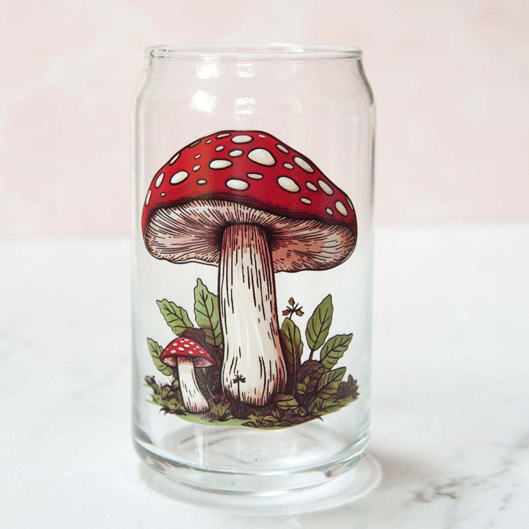 Wild Mushrooms 16oz Can Glass With Acacia Lid & Straw