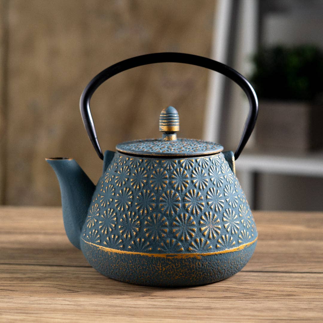 Teal Blue Plum Flower 32oz Cast Iron Tea Pot