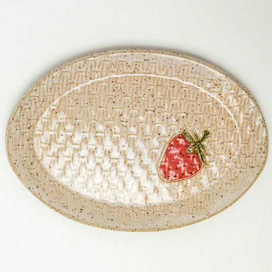 Strawberry Pattern Handmade Ceramic White Oval Trinket Dish