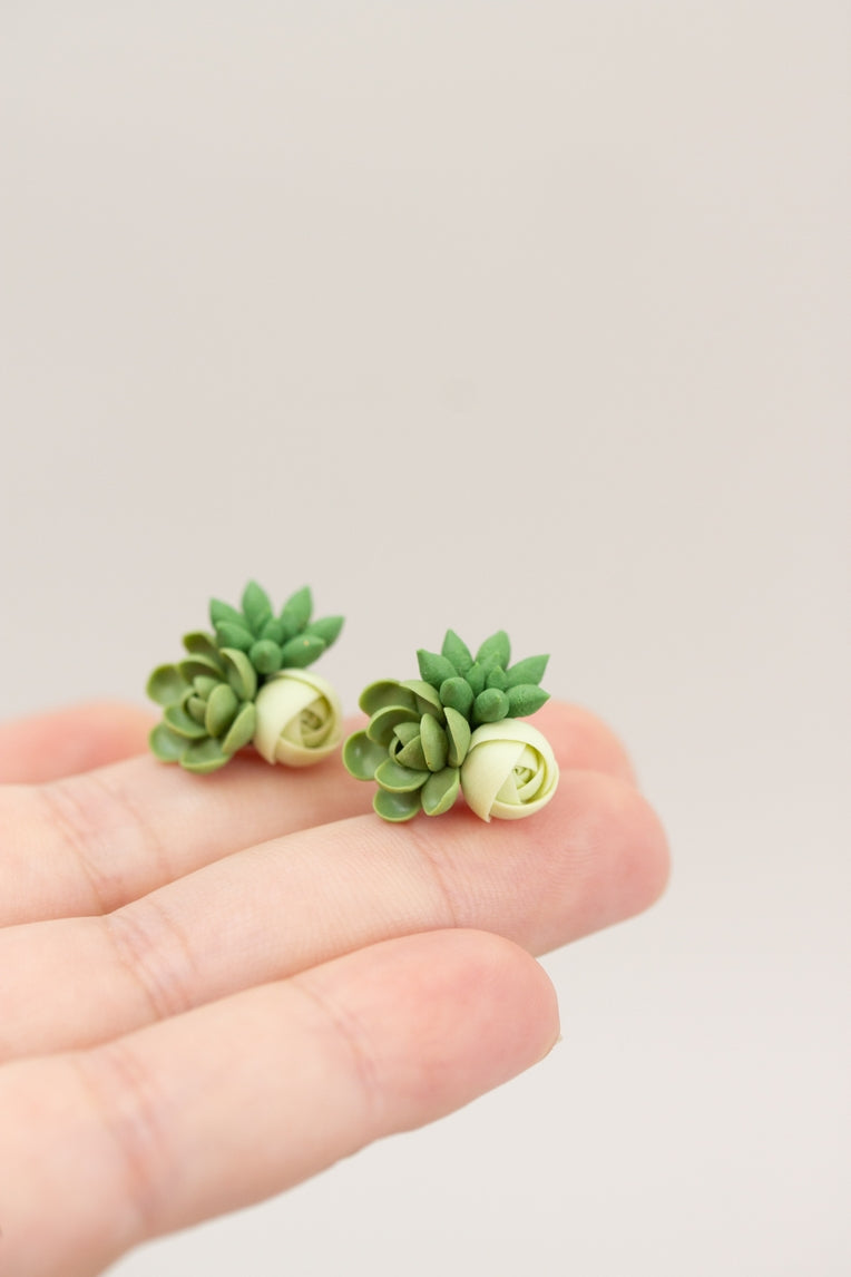 Handmade Succulent and Floral Bouquet Earrings - Green