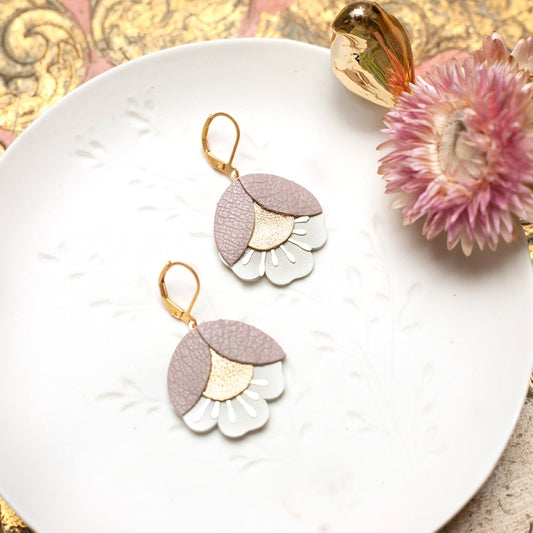 Cherry Flower Earrings – Old Rose, Gold and White Leather