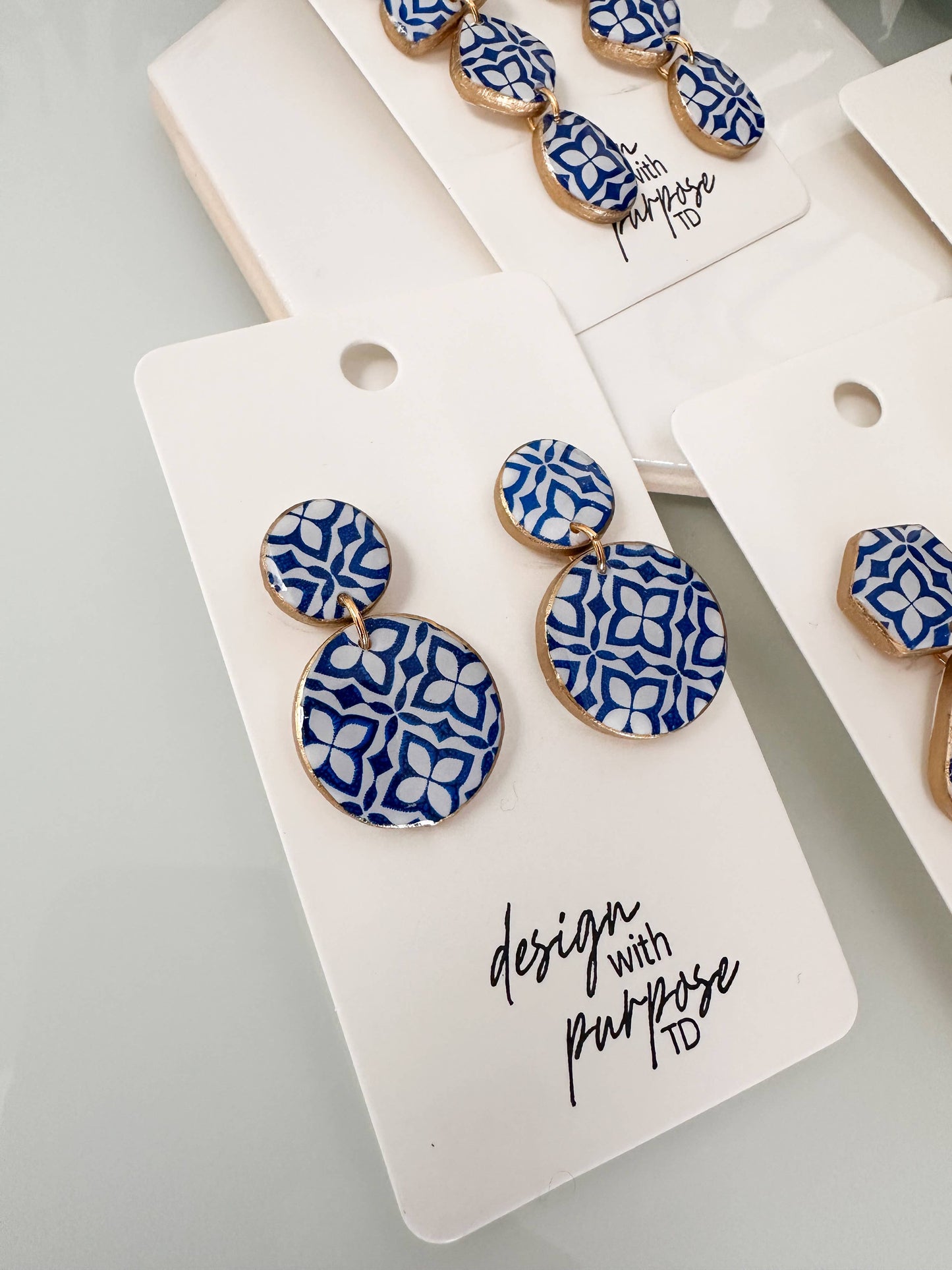 White and Blue Tile Pattern Earrings