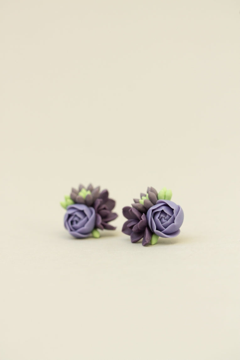 Handmade Succulent and Floral Bouquet Earrings - Purple