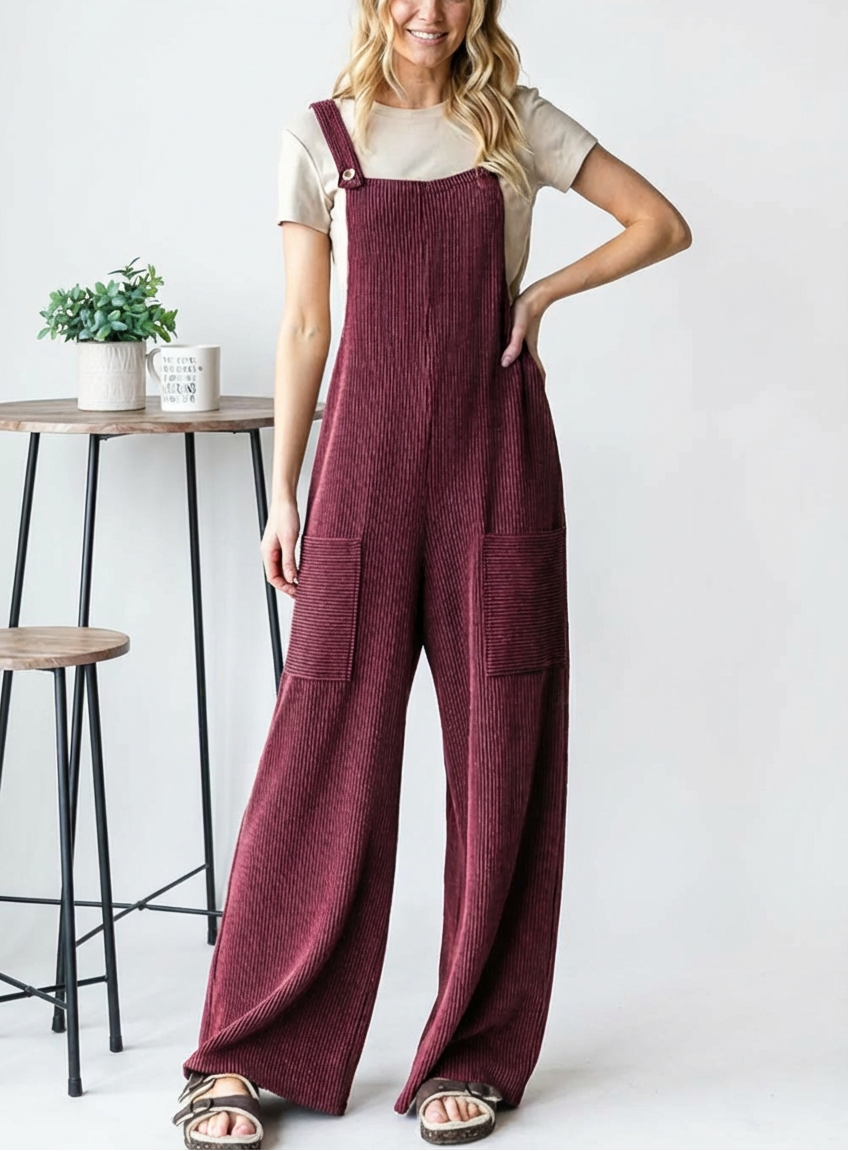 Sleeveless Ribbed Wide Leg Pocket Jumpsuit