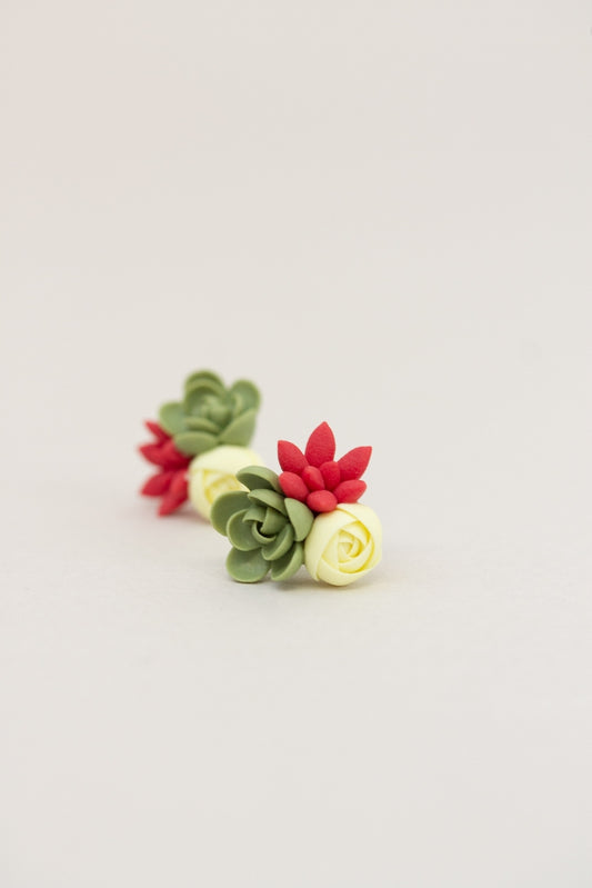 Handmade Succulent and Floral Bouquet Earrings - Red Green