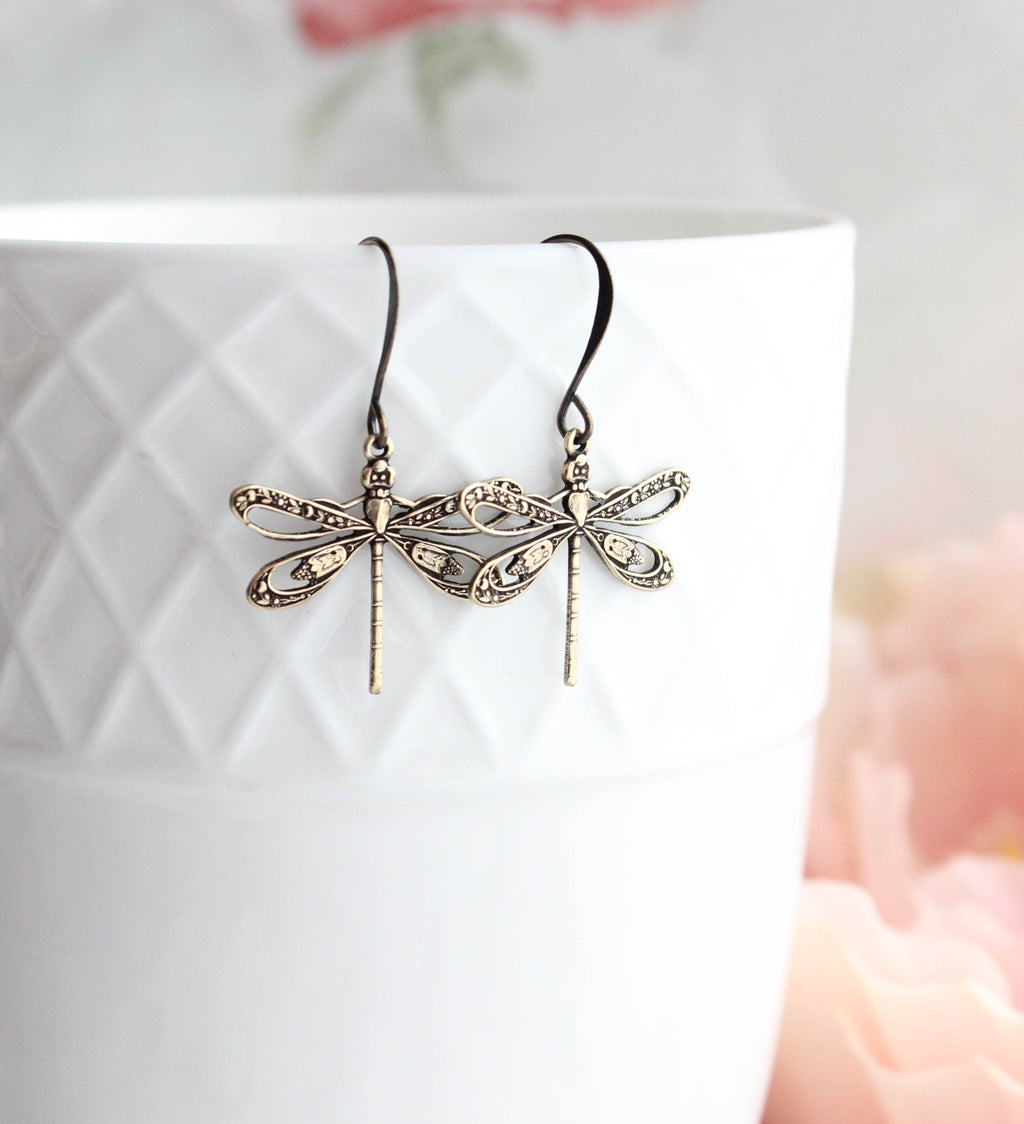 Dragonfly Earrings Antiqued Gold