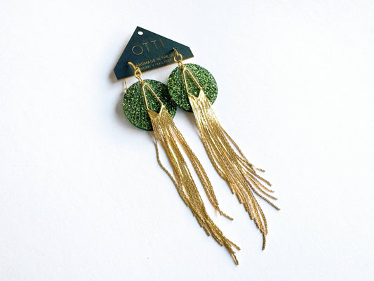 18K Gold Glamour Fringe earring: EMERALD glitter acrylic