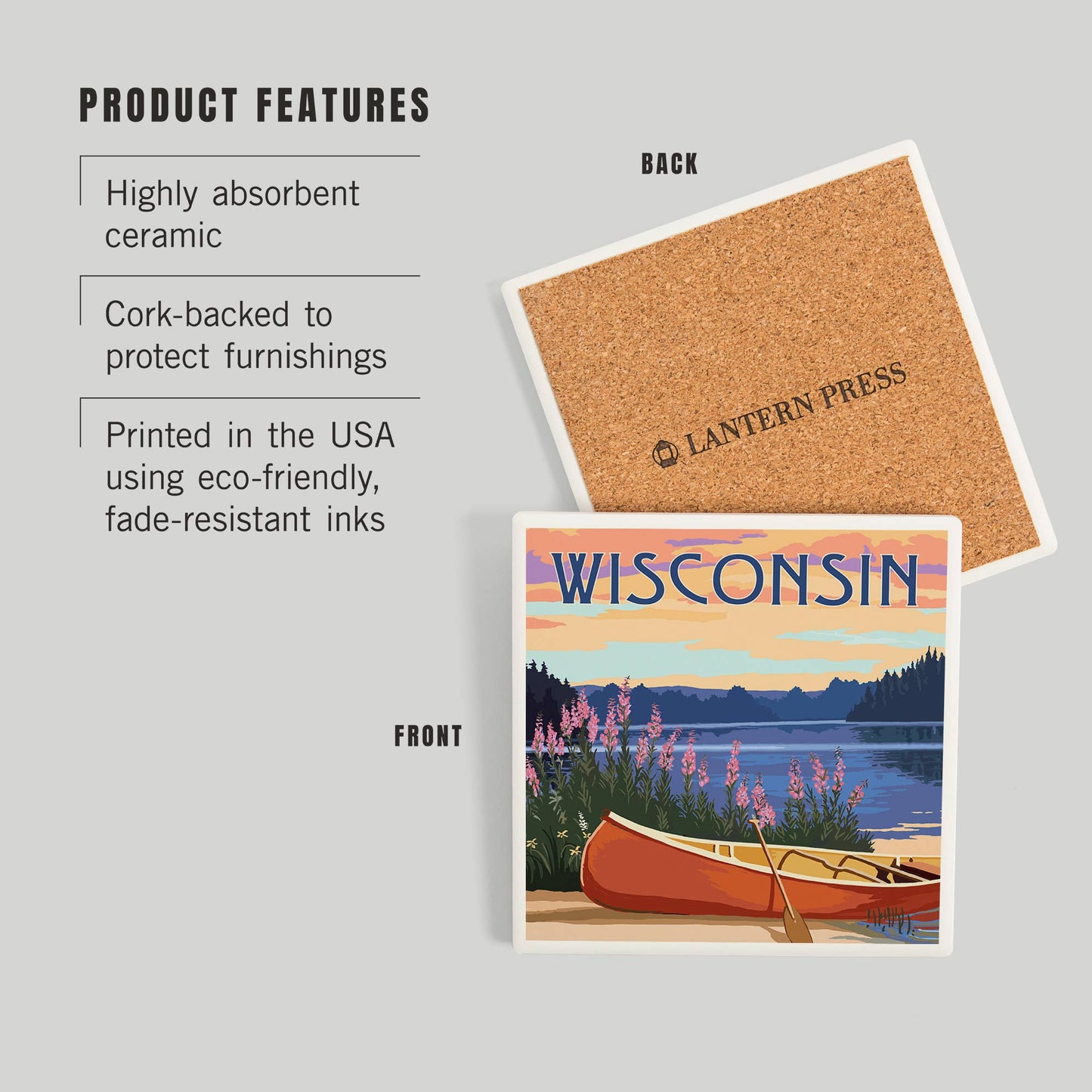 CERAMIC COASTER Wisconsin, Canoe & Lake
