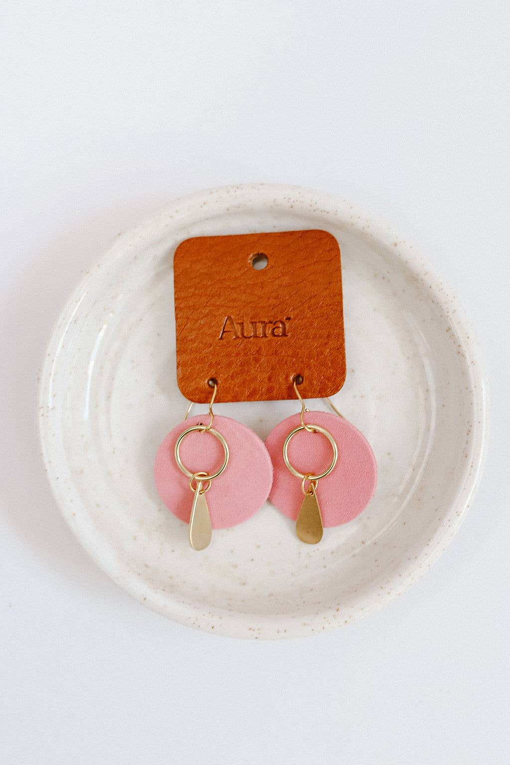 Leather & Brass Circle Drop Earrings