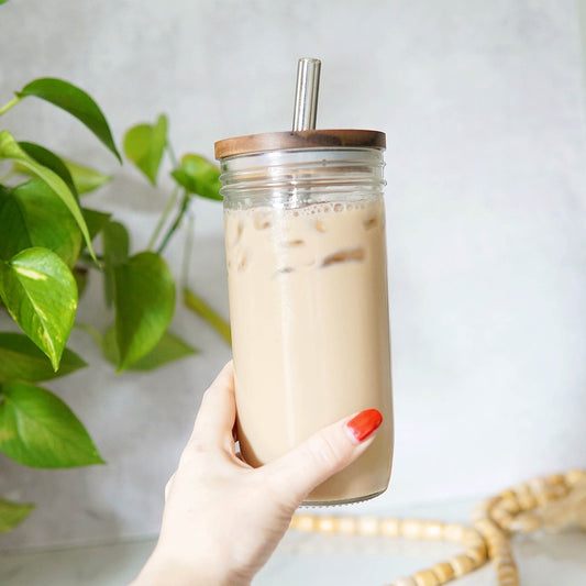 Plain 24oz Glass Tumbler With Acacia Lid & Straw