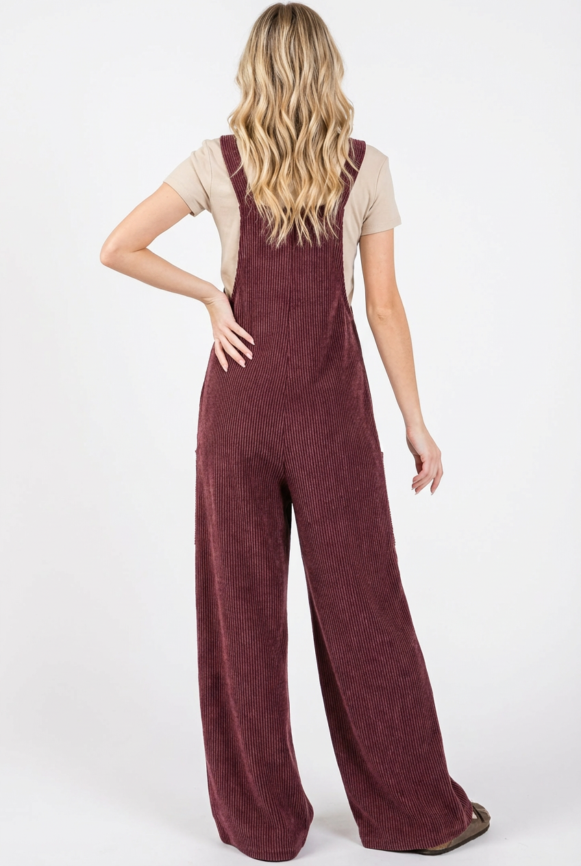 Sleeveless Ribbed Wide Leg Pocket Jumpsuit