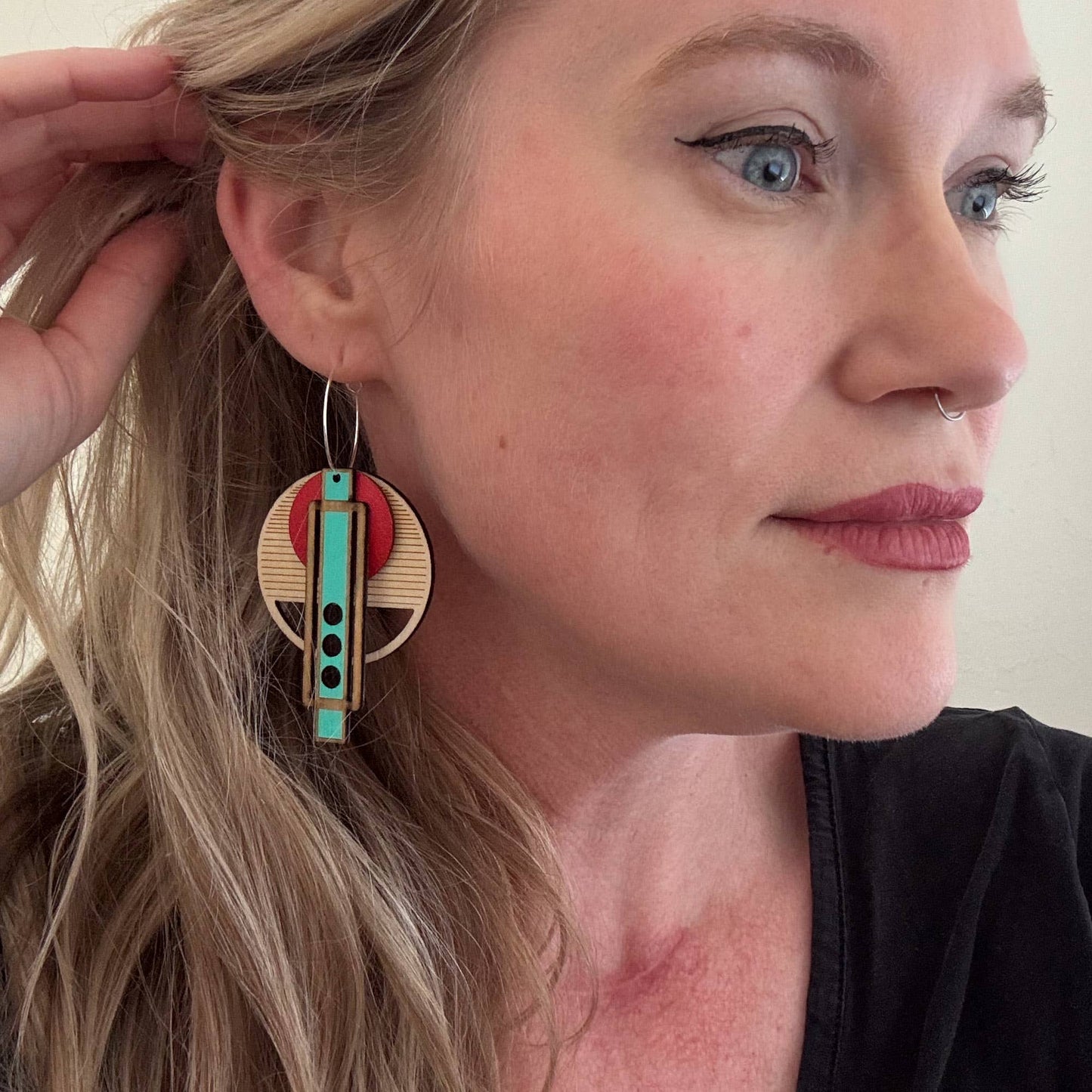 Architectural Lightweight Leather+Birch earring: Wright Red