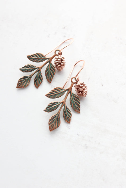 Branch and Pine Cone Earrings - Blush Mint