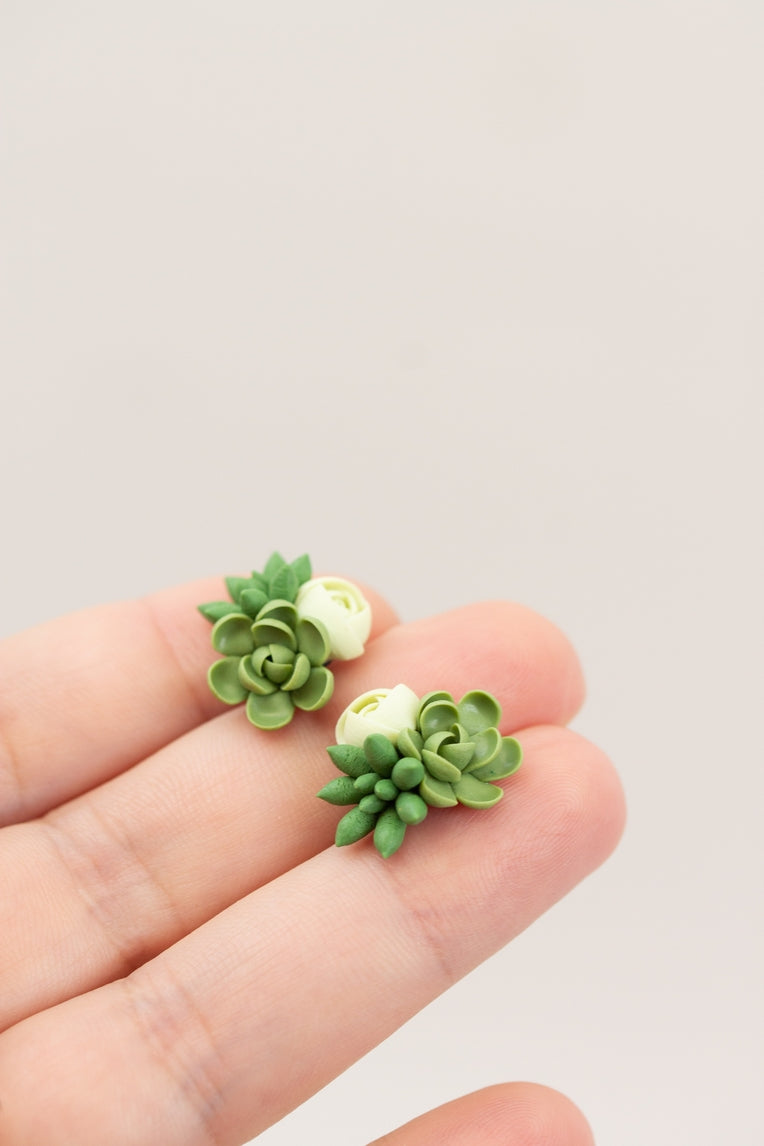 Handmade Succulent and Floral Bouquet Earrings - Green