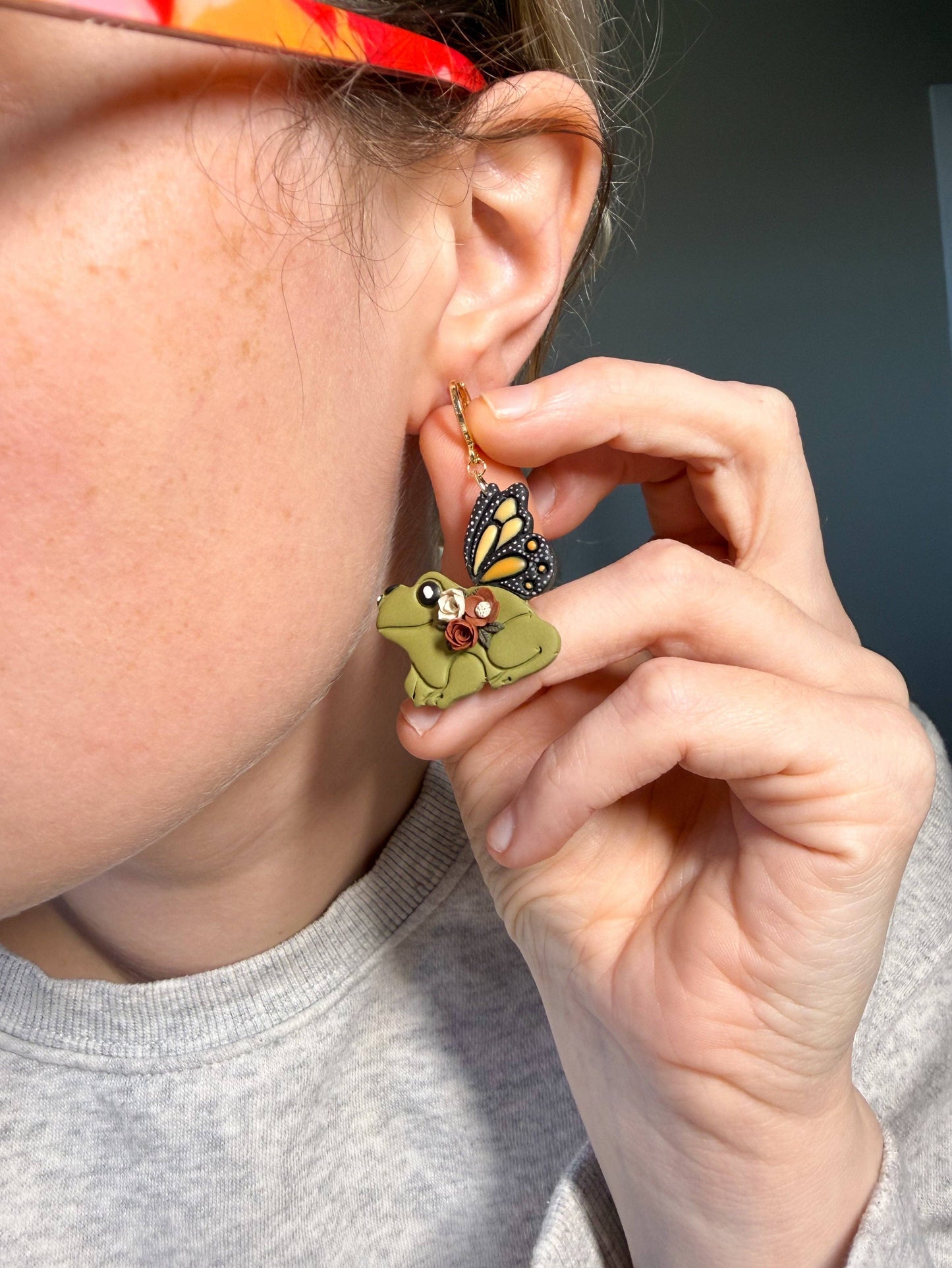 Whimsical Frog and Floral Polymer Clay Earrings