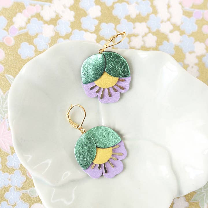 Cherry Flower Earrings - Metallic Green, Yellow, Lavender Leather
