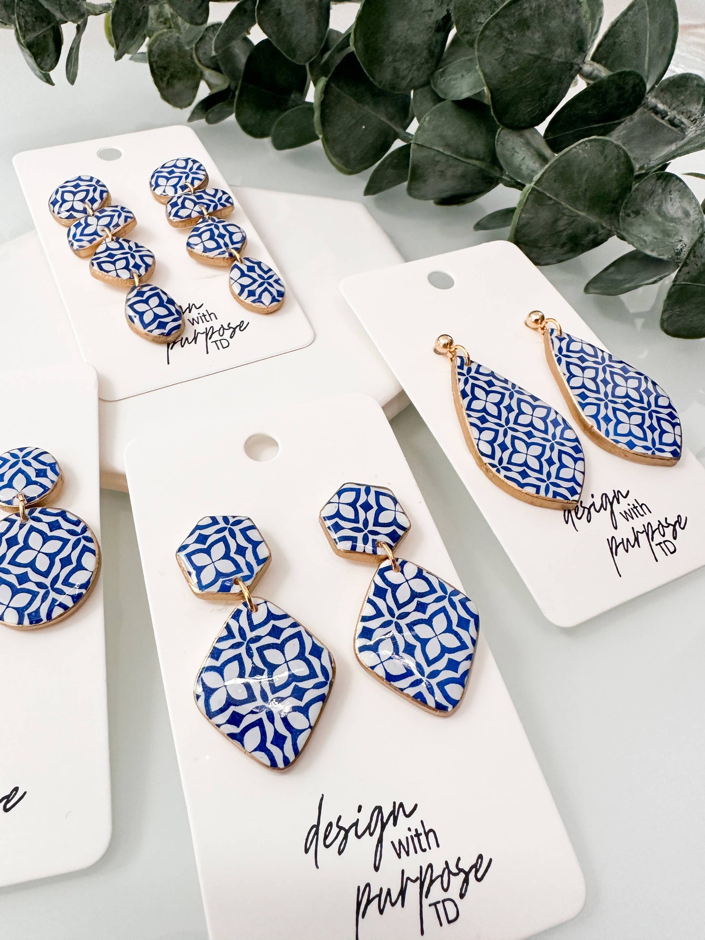 White and Blue Tile Pattern Earrings