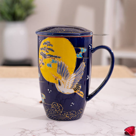 Japanese Crane Design 15oz Tea Mug With Lid and Infuser