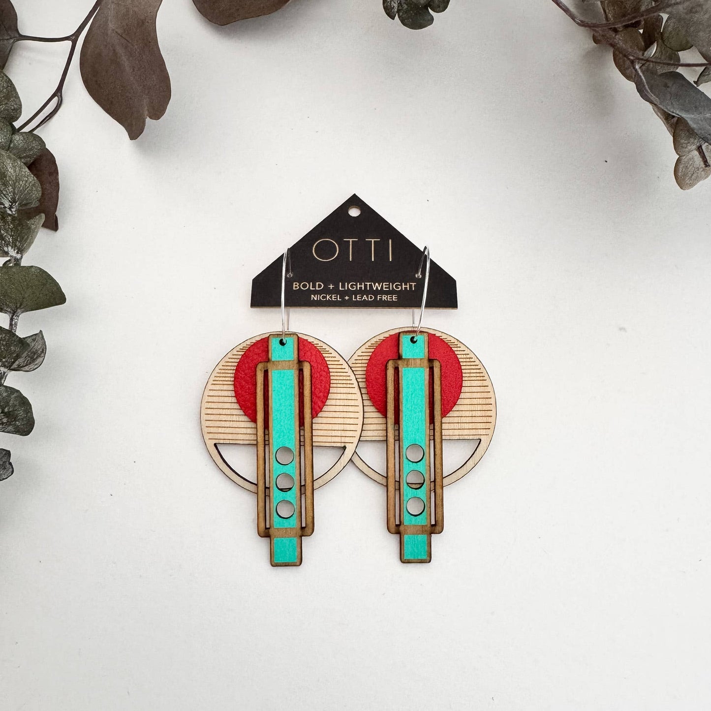 Architectural Lightweight Leather+Birch earring: Wright Red