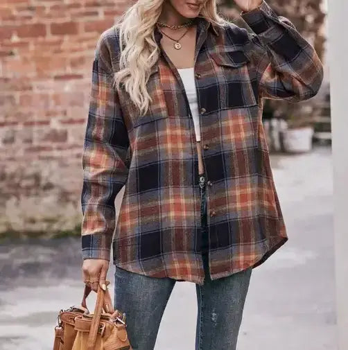 Khaki Casual Fashion Oversized Loose Plaid Shirt
