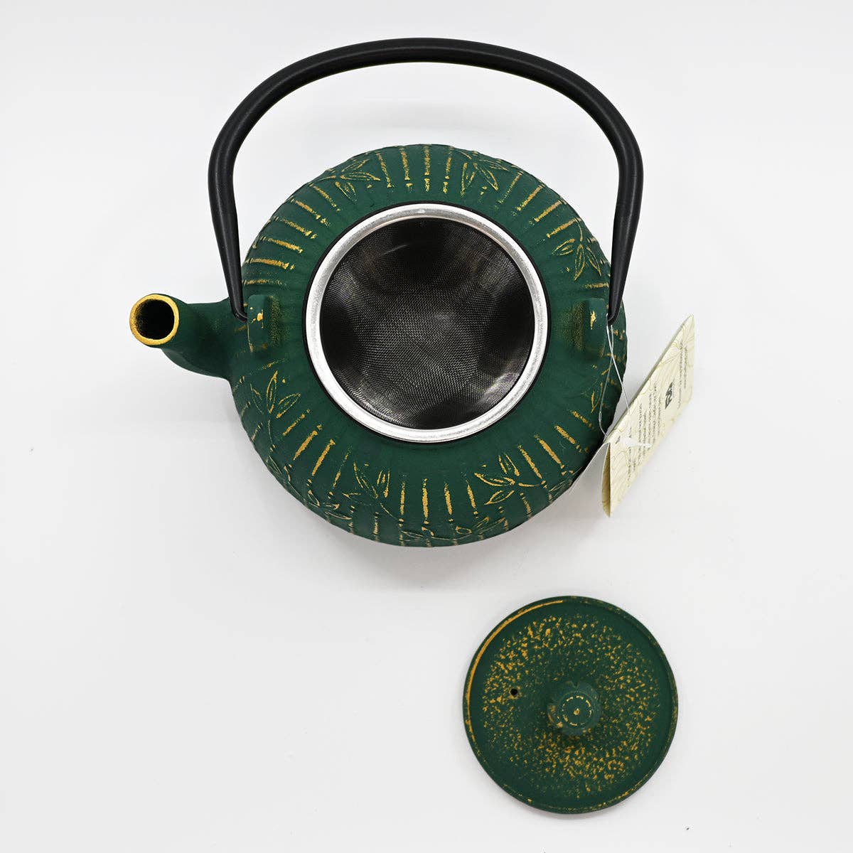 Green Bamboo Design 32oz Cast Iron Tea Pot