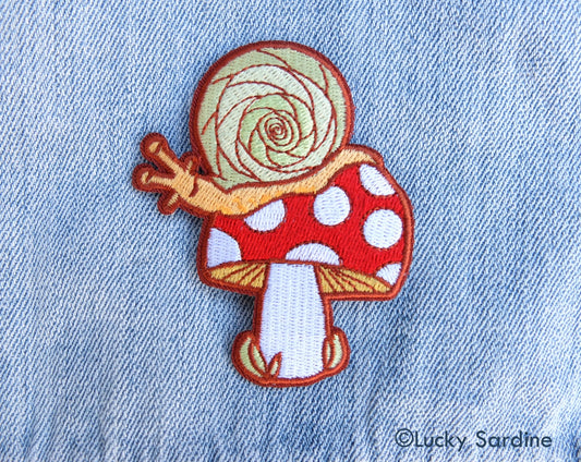 Snail On A Toadstool, Mushroom Embroidered Iron-on Patch