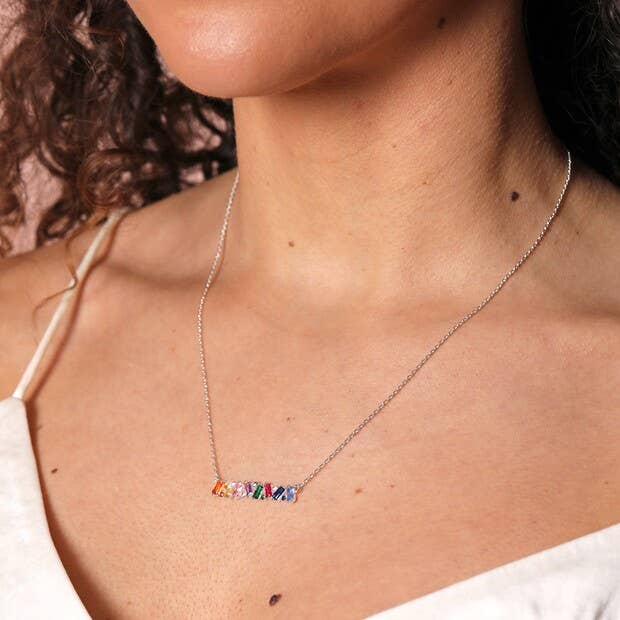 Rainbow Baguette Crystal Bar Necklace in Silver