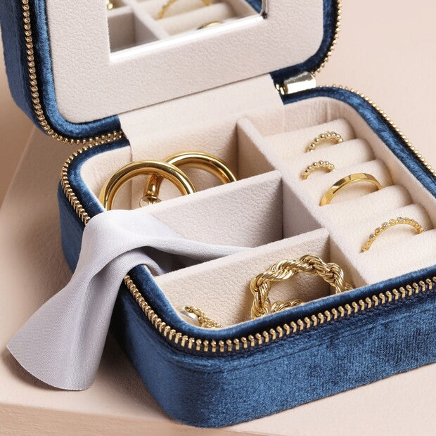 Navy Blue Velvet Square Travel Jewellery Case