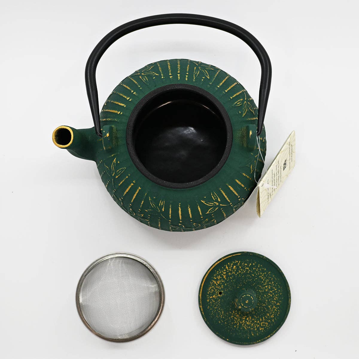 Green Bamboo Design 32oz Cast Iron Tea Pot