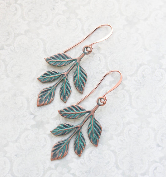 Copper Patina Branch Earrings - Matte Mint