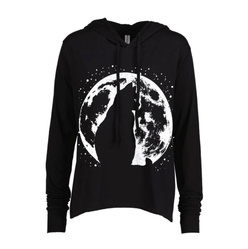 Ladies Black Lightweight Long Sleeve Hooded Tee Cat Moon