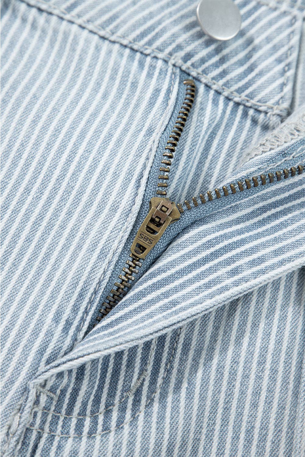 Sky Blue Stripe Button Flap Pocket Cuffed Hem Wide Leg Jeans