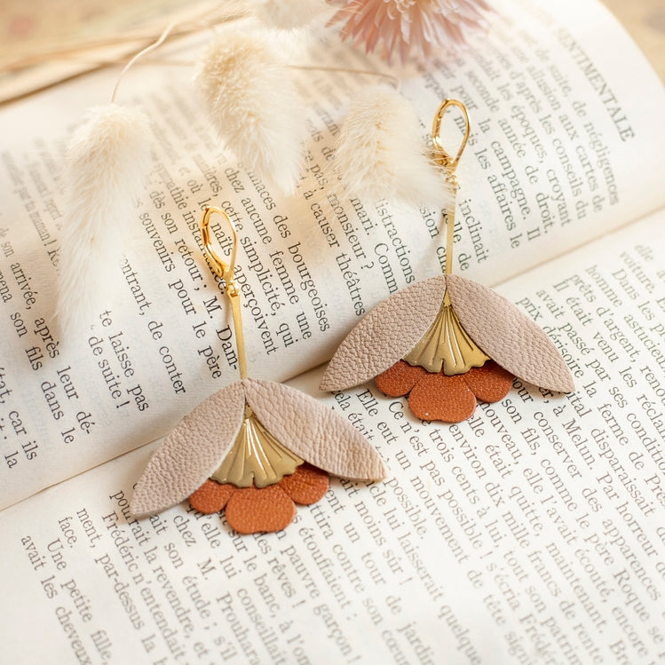 Ginkgo Flower Earrings – Beige and Brown Leather