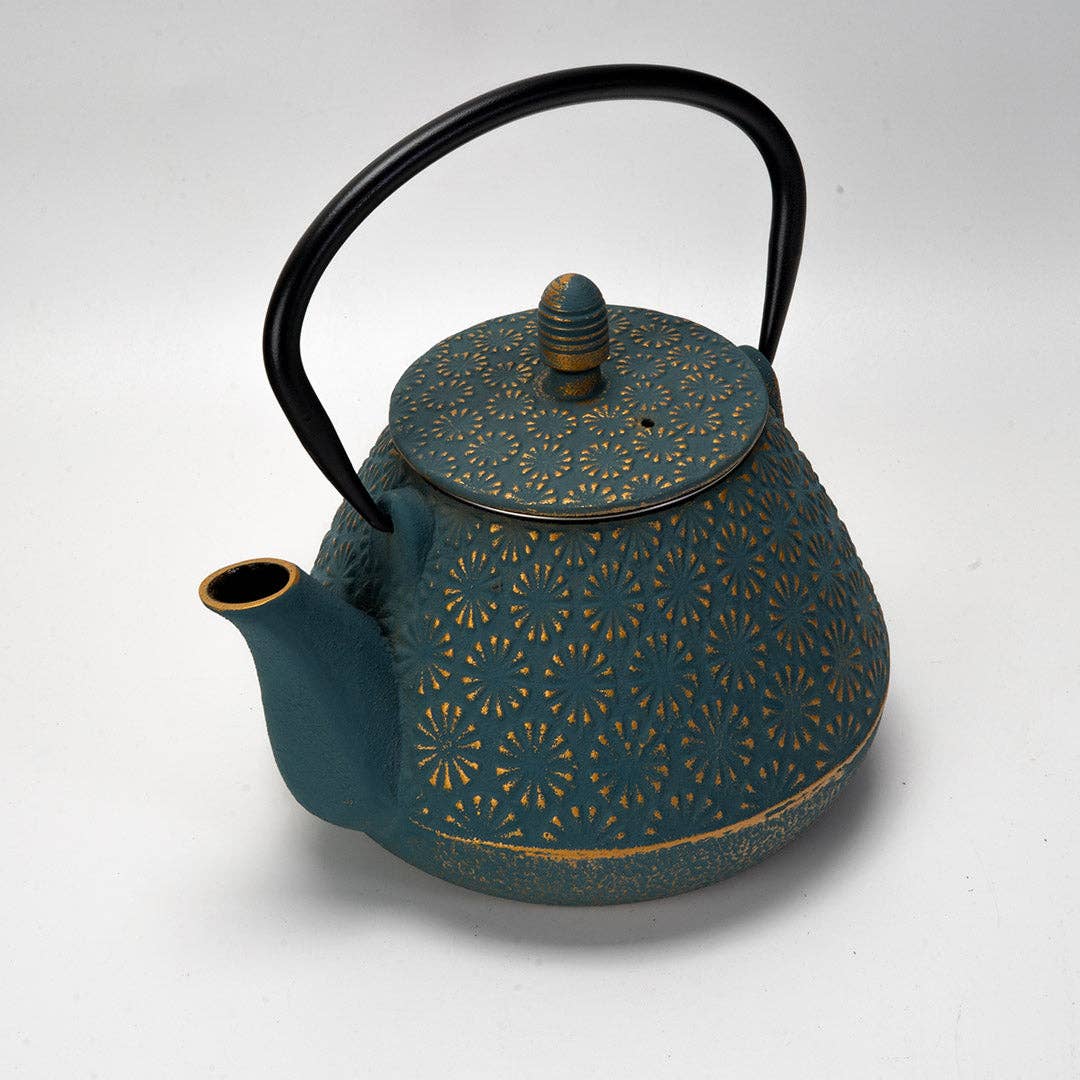 Teal Blue Plum Flower 32oz Cast Iron Tea Pot