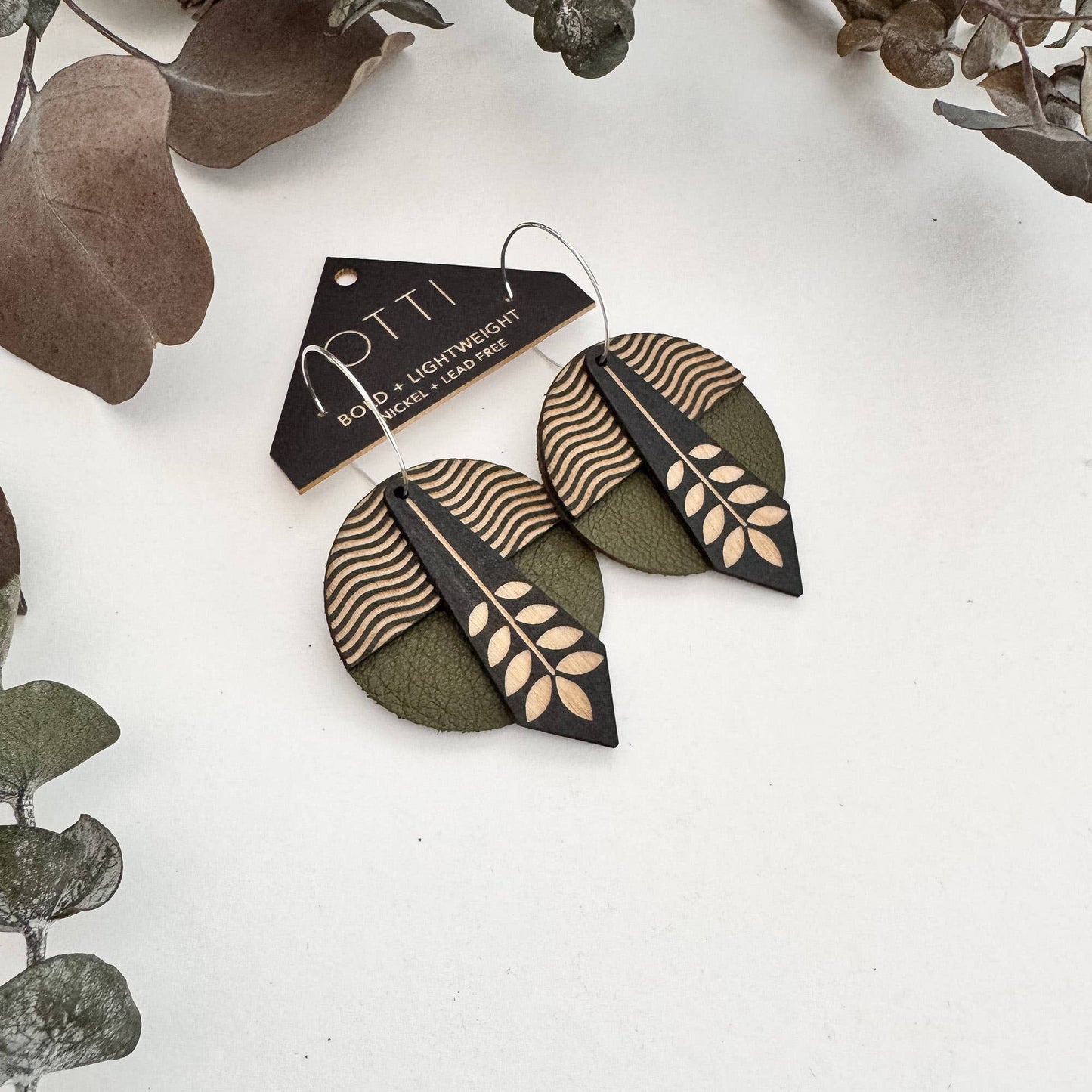 Architectural Leather + Birch earring: GEO Floral Waves