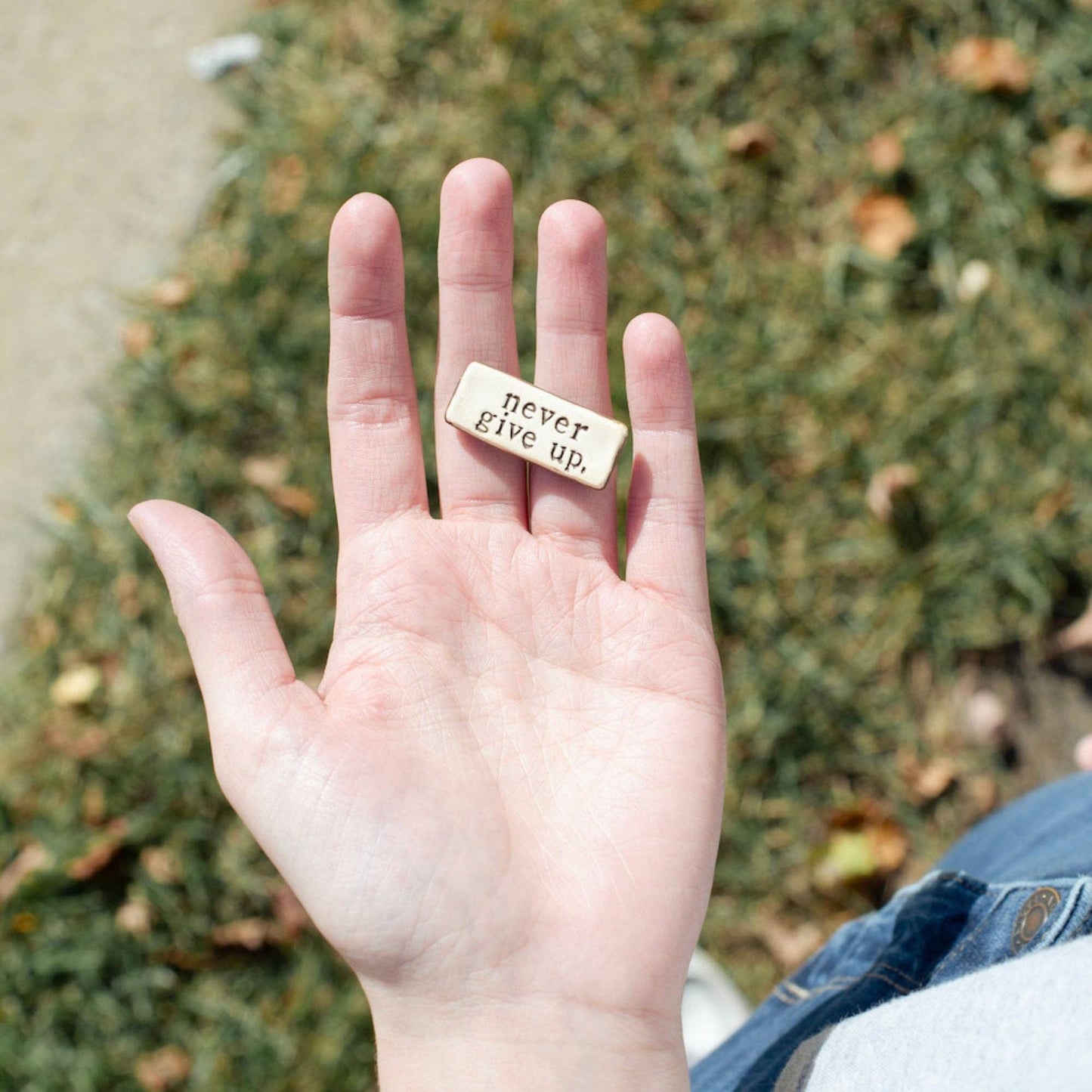 Never give up. Clay Pocket Rock Reminders
