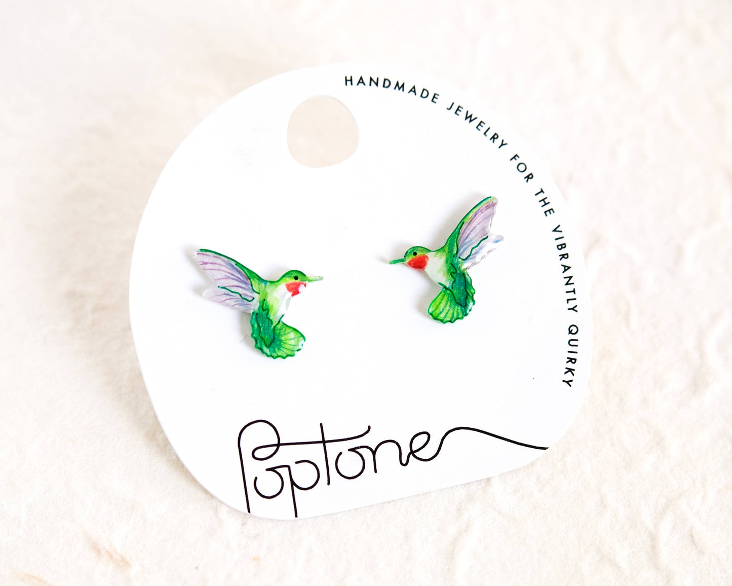 Green Ruby-Throated Hummingbird Handmade Stud Earrings