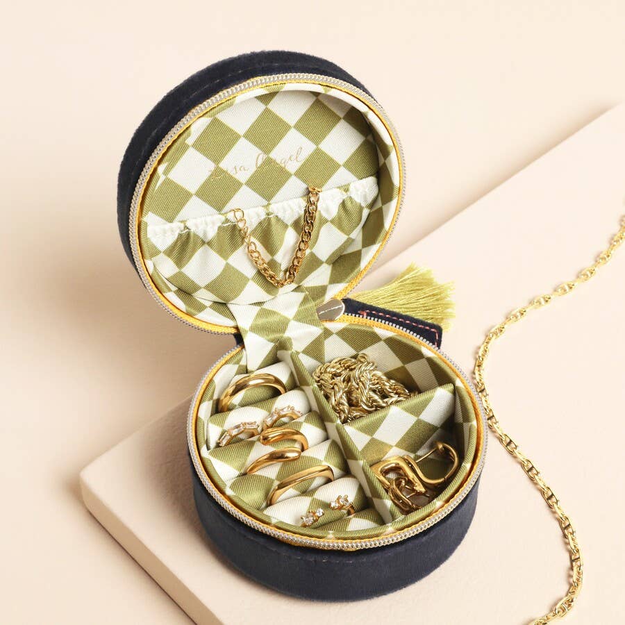 Navy Narwhal Velvet Round Travel Jewelery Case